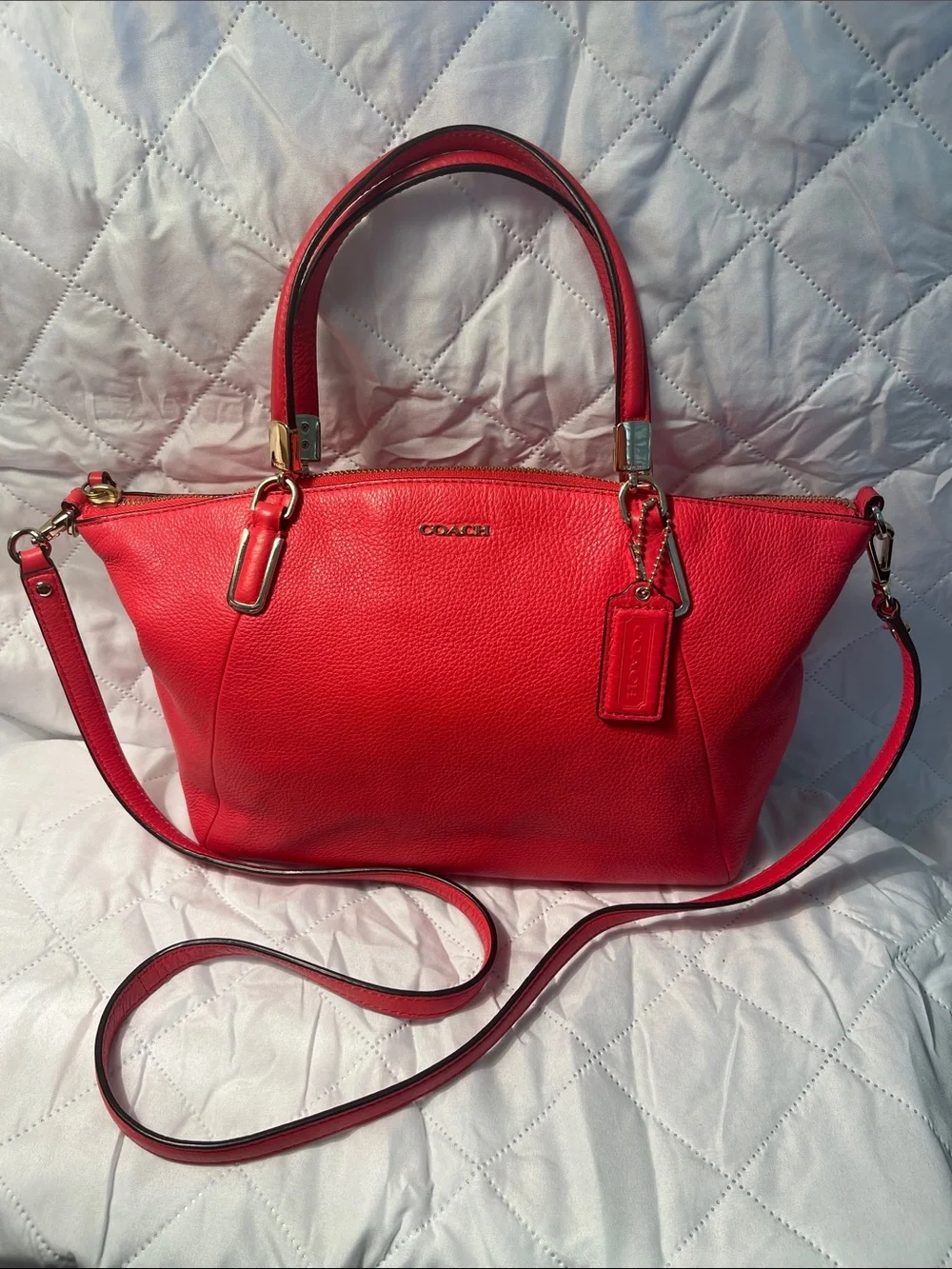 COACH Reddish Coral Madison Kelsey Pebbled Leather Satchel #28095
